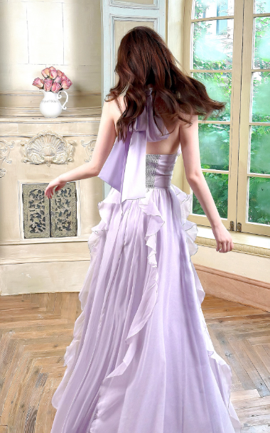 Sweet V-neck Sheath Long Evening Dresses Chiffon Ruffles Backless Party Dresses Purple Birthday Dresses DP3308