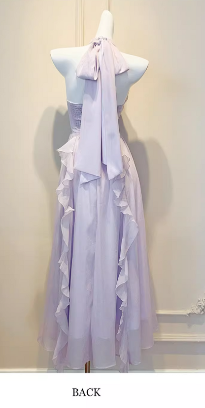 Sweet V-neck Sheath Long Evening Dresses Chiffon Ruffles Backless Party Dresses Purple Birthday Dresses DP3308