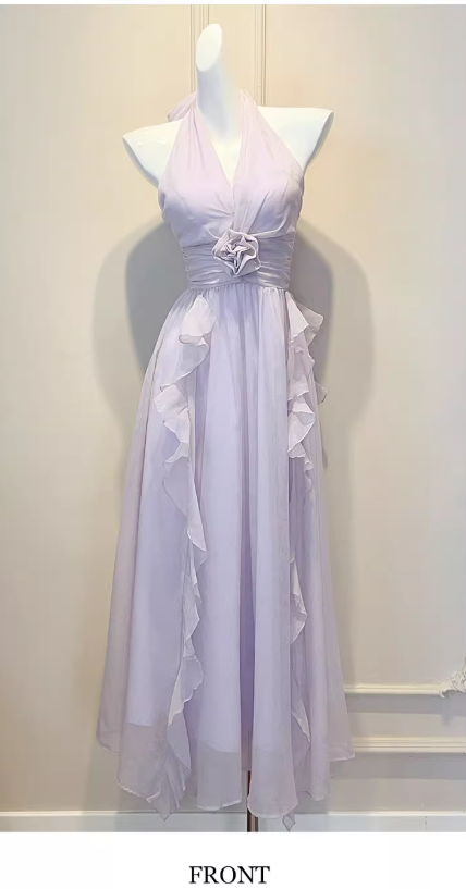 Sweet V-neck Sheath Long Evening Dresses Chiffon Ruffles Backless Party Dresses Purple Birthday Dresses DP3308