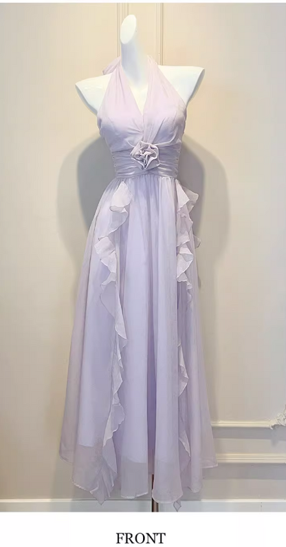 Sweet V-neck Sheath Long Evening Dresses Chiffon Ruffles Backless Party Dresses Purple Birthday Dresses DP3308
