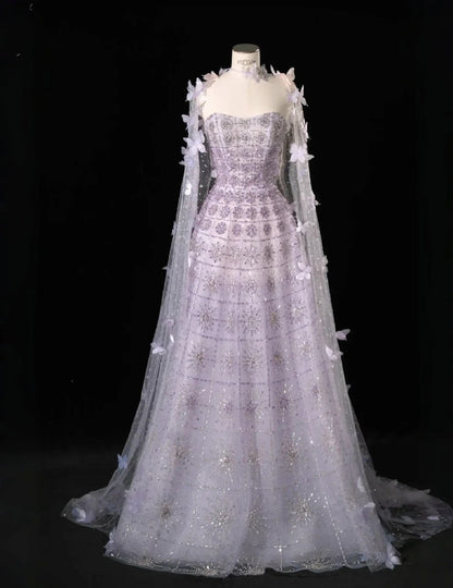 Gorgeous Strapless A-Line Long Evening Dresses Tulle Beaded Light Purple Prom Dressess DP3310