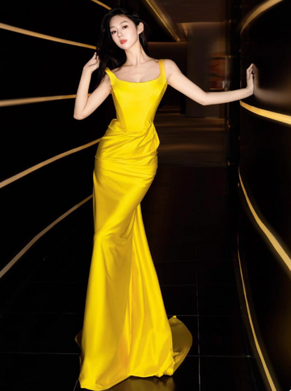 Glam Strap Sheath Long Prom Dresses Satin Yellow Evening Dresses DP3311