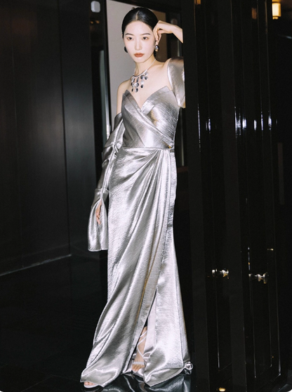 Glam Strapless Sheath Long Prom Dresses Satin Silver Grey Evening Dresses DP3312