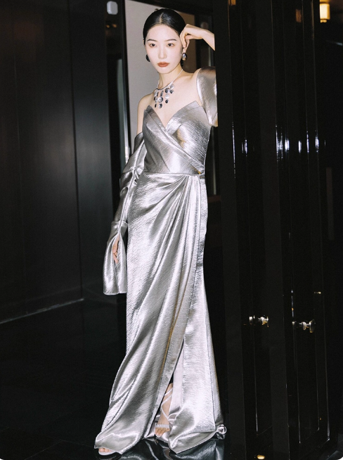 Glam Strapless Sheath Long Prom Dresses Satin Silver Grey Evening Dresses DP3312