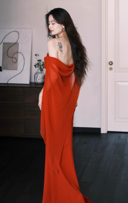Chic Off-the-shoulder Sheath Long Prom Dresses Chiffon Wine Red Evening Dresses DP3313