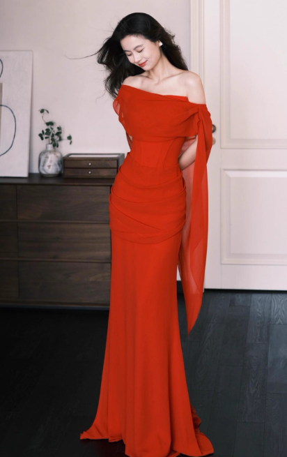 Chic Off-the-shoulder Sheath Long Prom Dresses Chiffon Wine Red Evening Dresses DP3313