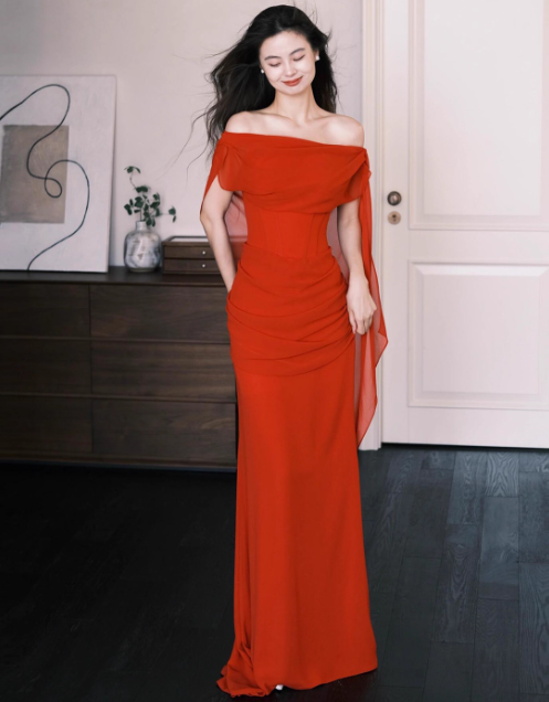 Chic Off-the-shoulder Sheath Long Prom Dresses Chiffon Wine Red Evening Dresses DP3313