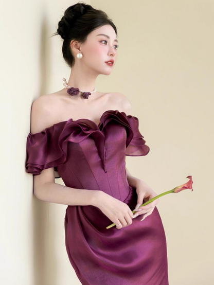 Chic Off-the-shoulder Mermaid Long Prom Dresses Satin Grape Evening Dresses DP3314