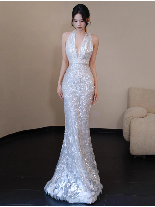 Sexy V neck Mermaid Long Prom Dresses Sequin White Evening Dresses DP3315