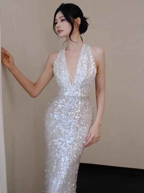 Sexy V neck Mermaid Long Prom Dresses Sequin White Evening Dresses DP3315