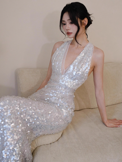 Sexy V neck Mermaid Long Prom Dresses Sequin White Evening Dresses DP3315
