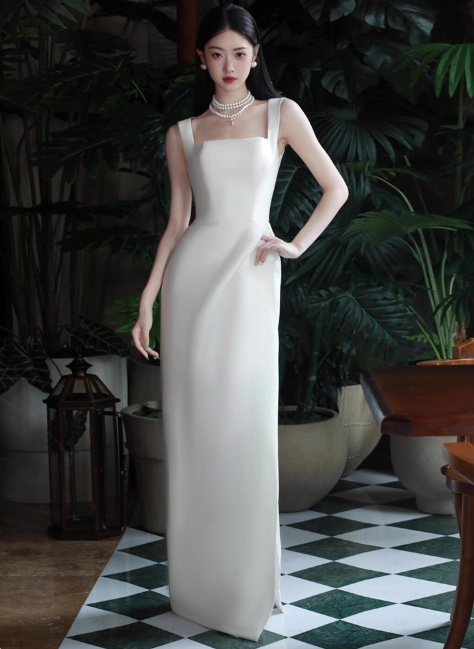 Elegant Square Neck Sheath Long Prom Dresses Satin White Evening Dresses DP3316