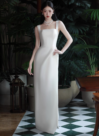Elegant Square Neck Sheath Long Prom Dresses Satin White Evening Dresses DP3316