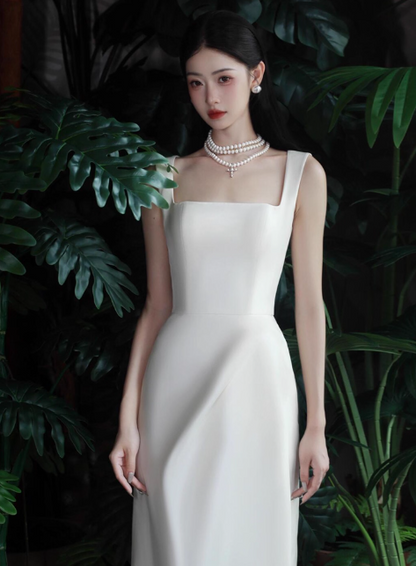 Elegant Square Neck Sheath Long Prom Dresses Satin White Evening Dresses DP3316