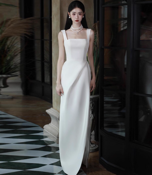 Elegant Square Neck Sheath Long Prom Dresses Satin White Evening Dresses DP3316