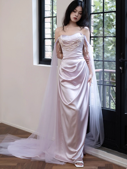Elegant Off-the-shoulder Sheath Long Prom Dresses Satin Light Purple Evening Dresses DP3318