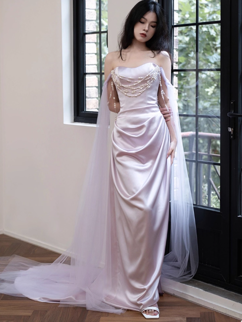 Elegant Off-the-shoulder Sheath Long Prom Dresses Satin Light Purple Evening Dresses DP3318