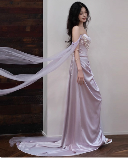 Elegant Off-the-shoulder Sheath Long Prom Dresses Satin Light Purple Evening Dresses DP3318