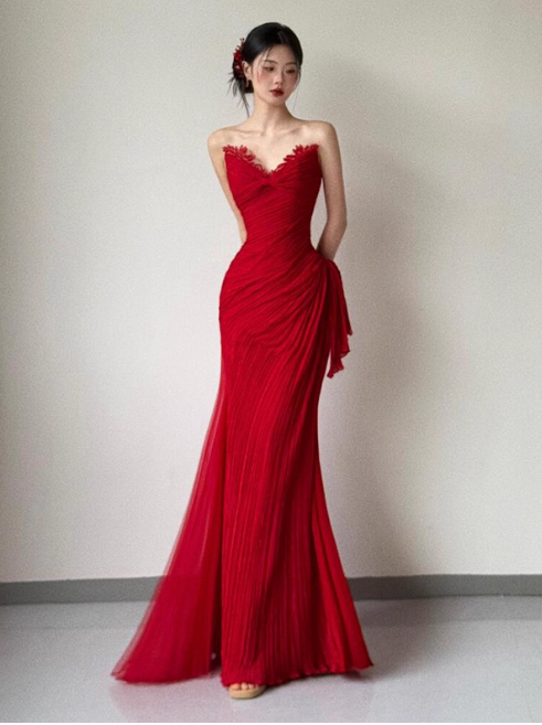 Elegant Sweetheart Neck Sheath Long Prom Dresses Lace Red Evening Dresses DP3319