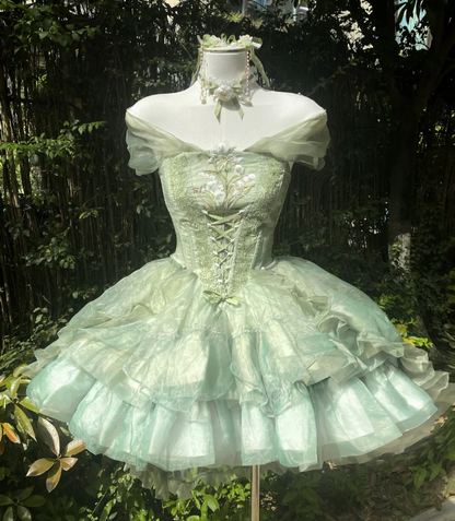 Cute Off-the-shoulder Short Ball Gown Tulle 18th Birthday Outfit Green Lolita Dresses DP3321
