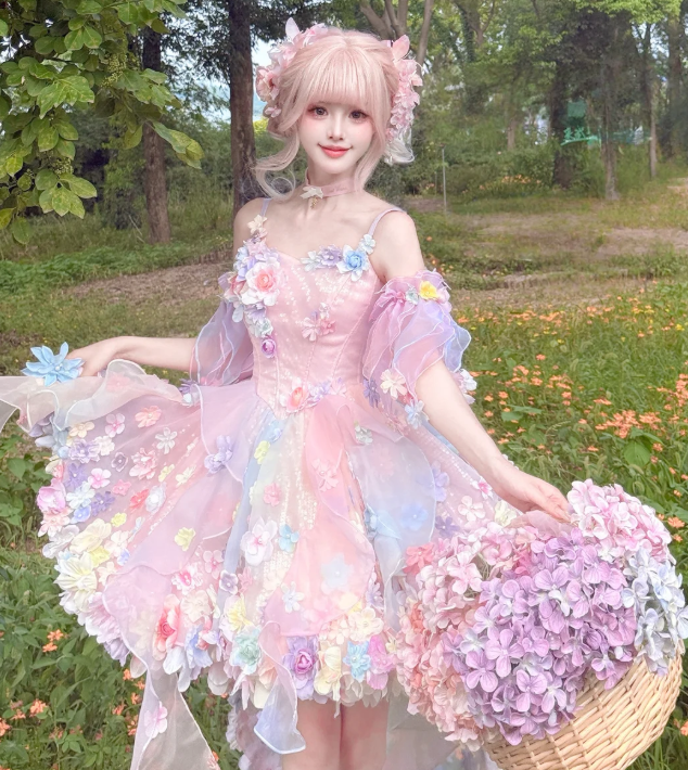 Fairy Spaghetti Strap Ball Gown Tulle Applique Birthday Dresses Pink Lolita Dresses DP3324