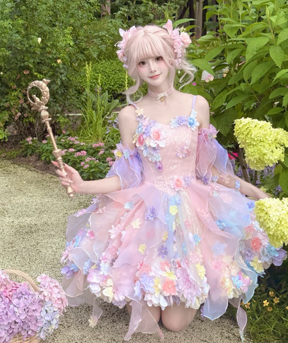 Fairy Spaghetti Strap Ball Gown Tulle Applique Birthday Dresses Pink Lolita Dresses DP3324