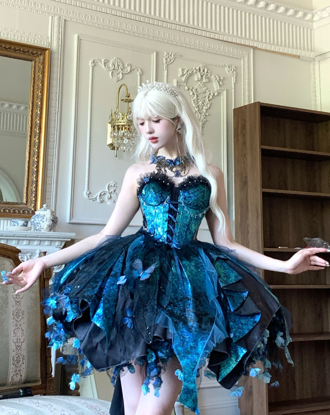 Fairy Sweetheart Neck Ball Gown Satin Applique Sleeveless Birthday Dresses Blue Lolita Dresses DP3325