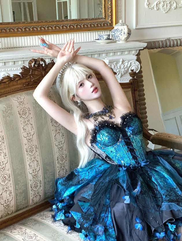 Fairy Sweetheart Neck Ball Gown Satin Applique Sleeveless Birthday Dresses Blue Lolita Dresses DP3325