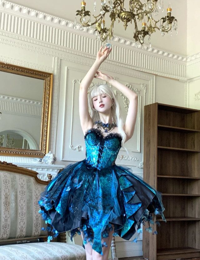 Fairy Sweetheart Neck Ball Gown Satin Applique Sleeveless Birthday Dresses Blue Lolita Dresses DP3325