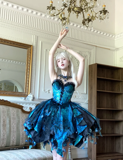 Fairy Sweetheart Neck Ball Gown Satin Applique Sleeveless Birthday Dresses Blue Lolita Dresses DP3325