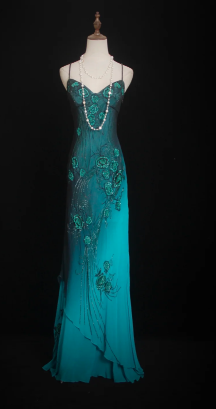Glam Spaghetti Strap Sheath Long Prom Dresses, Chiffon Beaded Blue Formal Dresses DP3333
