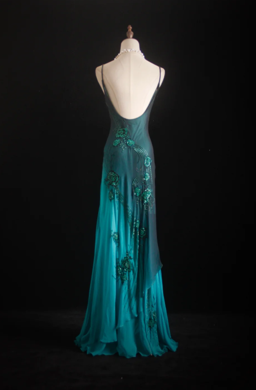Glam Spaghetti Strap Sheath Long Prom Dresses, Chiffon Beaded Blue Formal Dresses DP3333