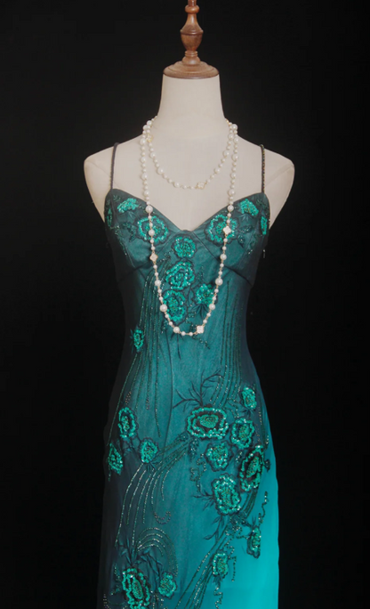 Glam Spaghetti Strap Sheath Long Prom Dresses, Chiffon Beaded Blue Formal Dresses DP3333