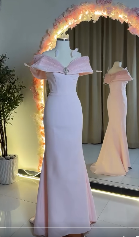 Fairy Off-the-shoulder Mermaid Long Prom Dresses, Satin Pink Evening Dresses DP3334