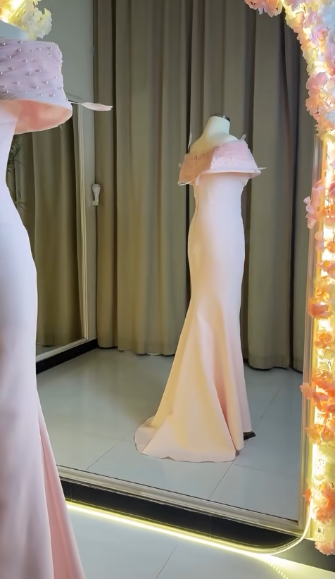 Fairy Off-the-shoulder Mermaid Long Prom Dresses, Satin Pink Evening Dresses DP3334