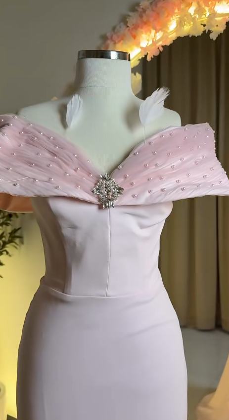 Fairy Off-the-shoulder Mermaid Long Prom Dresses, Satin Pink Evening Dresses DP3334