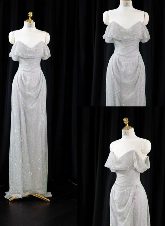 Glam Strapless Sheath Long Prom Dresses Net Silver Evening Dresses DP3336