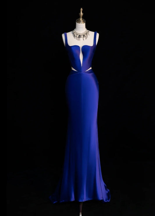 Chic Strap Sheath Long Prom Dresses Satin Royal Blue Evening Dresses DP3337