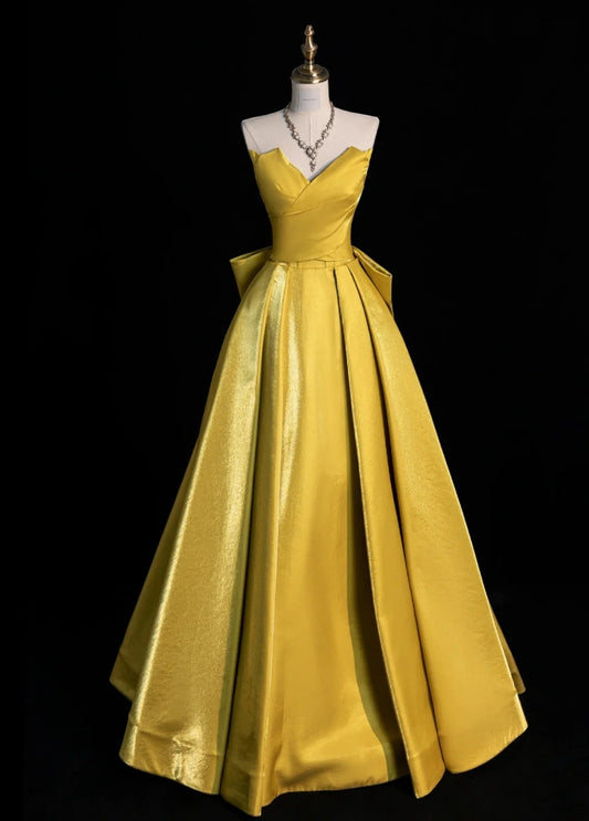 Chic Strapless A-Line Long Prom Dresses Satin Yellow Evening Dresses DP3339
