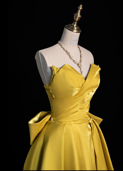 Chic Strapless A-Line Long Prom Dresses Satin Yellow Evening Dresses DP3339