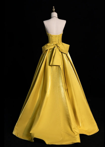 Chic Strapless A-Line Long Prom Dresses Satin Yellow Evening Dresses DP3339