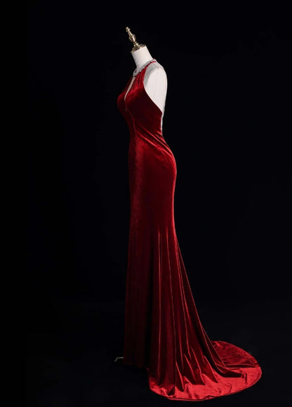 Elegant V-neck Sheath Long Prom Dresses Velvet Open Back Burgundy Evening Dresses DP3340