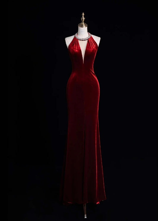 Elegant V-neck Sheath Long Prom Dresses Velvet Open Back Burgundy Evening Dresses DP3340