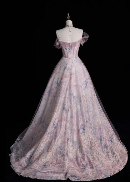 Fairy Sweetheart A-Line Long Prom Dresses Lace Tulle Pink Evening Dresses DP3341
