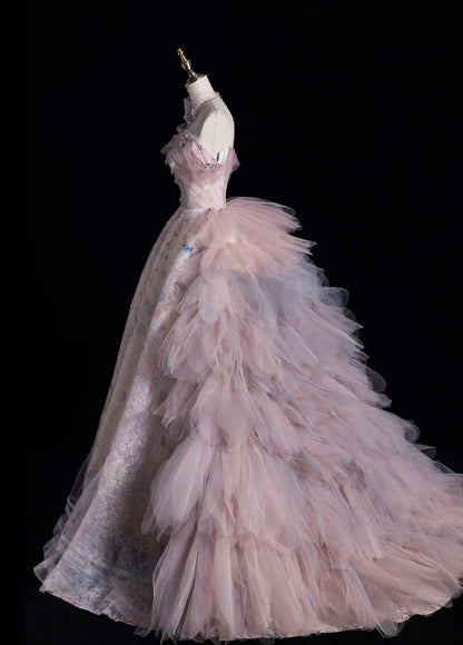 Fairy Sweetheart A-Line Long Prom Dresses Lace Tulle Pink Evening Dresses DP3341