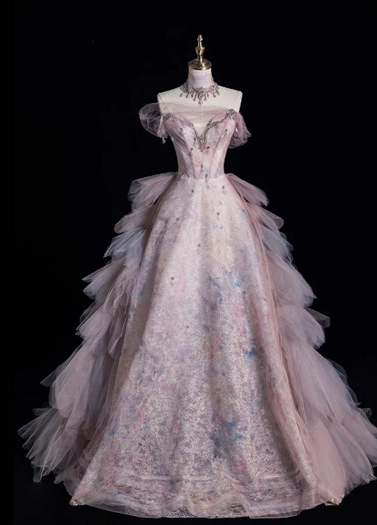 Fairy Sweetheart A-Line Long Prom Dresses Lace Tulle Pink Evening Dresses DP3341