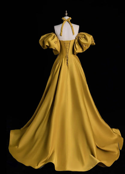 Glam Sweetheart A-Line Long Prom Dresses Satin Yellow Evening Dresses DP3342