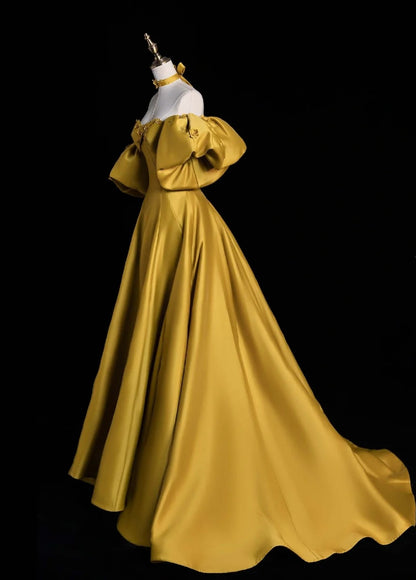 Glam Sweetheart A-Line Long Prom Dresses Satin Yellow Evening Dresses DP3342