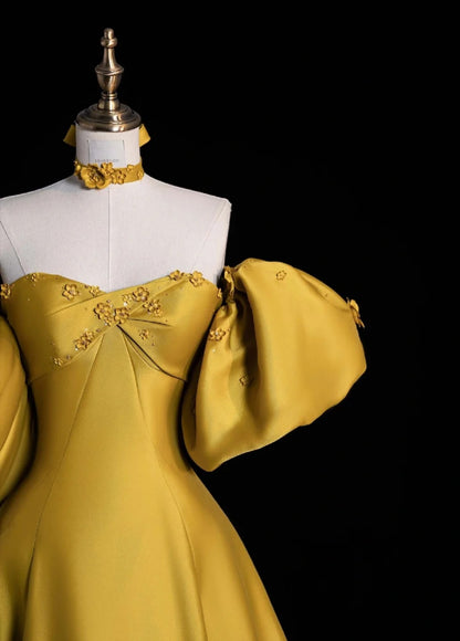Glam Sweetheart A-Line Long Prom Dresses Satin Yellow Evening Dresses DP3342