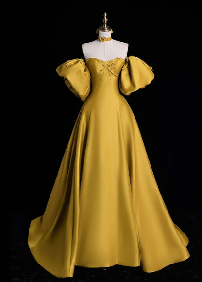 Glam Sweetheart A-Line Long Prom Dresses Satin Yellow Evening Dresses DP3342